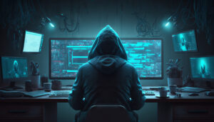 A hacker in a hoodie is sitting on a chair and looking at the city at night. Generative AI - Vinson Technical Solutions