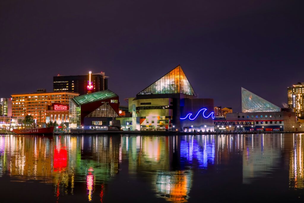 Baltimore Inner Harbor skyline at night