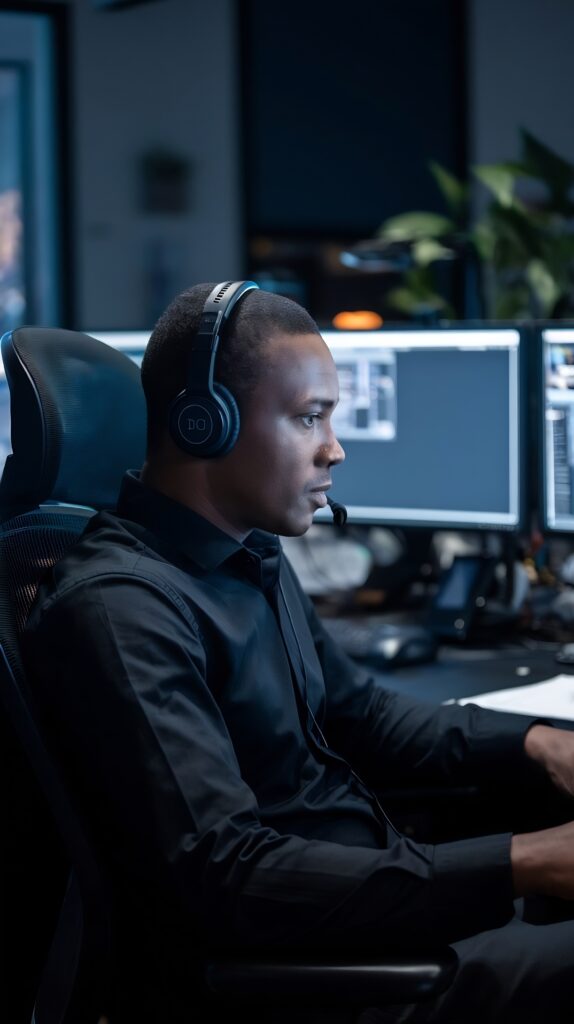 Security analyst monitoring systems in an operations center