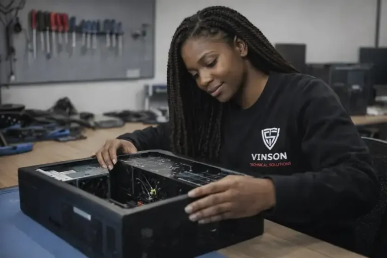 VTS technician working on a desktop computer