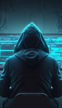 A hacker in a hoodie is sitting on a chair and looking at the city at night. Generative AI A hacker in a hoodie is sitting on a chair and looking at the city at night. Generative AI